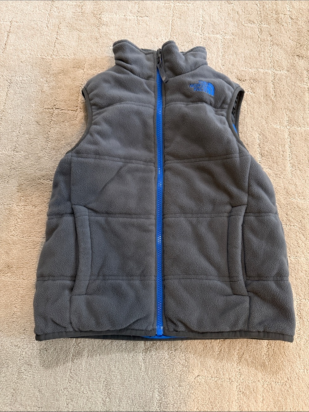 The North Face Boys Blue and Gray Puffer Vest reversible. - Picture 2 of 5